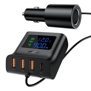 Acefast ładowarka samochodowa 90W USB Typ C / 3x USB / gniazdo zapalniczki, PPS, PD3.0, QC3.0, AFC, FCP stacja ładująca czarny (B8 black) B8 black - Ładowarki samochodowe - miniaturka - grafika 1