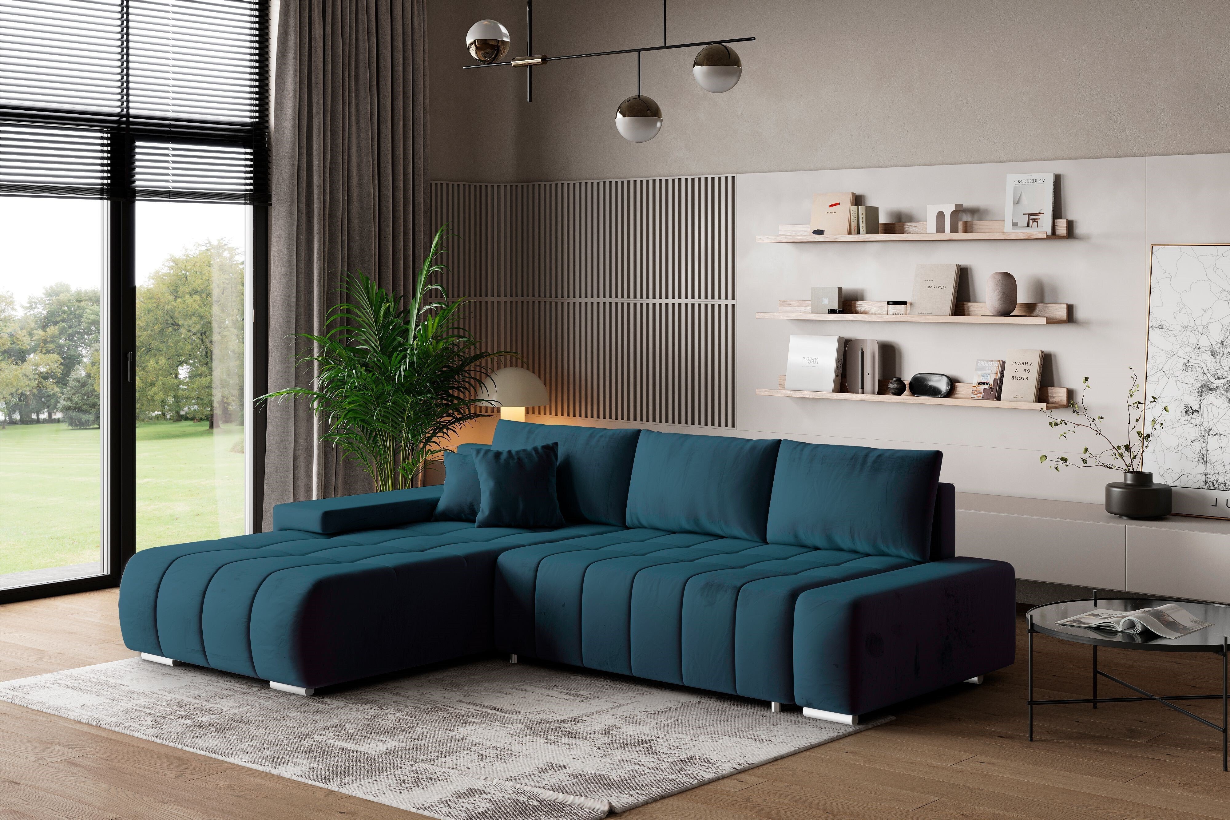 Masseno Narożnik ALESE L-S z funkcją spania i pojemnikiem na pościel Kształt L, Rozkładana sofa, Rogówka - Niebieski, MONOLITH 77