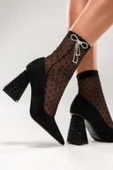 Czółenka - Czarne czółenka damskie na geometrycznym ozdobnym obcasie z kryształkami ze skórzaną wkładką Casu ER24WX2-BD - miniaturka - grafika 1