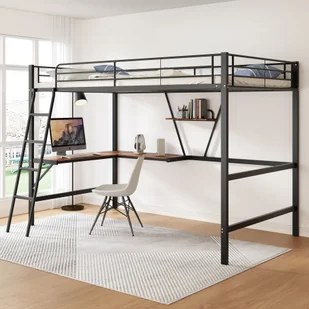 Łóżko piętrowe Flieks 90x200cm z biurkiem w kształcie litery L i półką, łóżko na poddaszu z drabinką i zabezpieczeniem przed wypadnięciem, łóżko młodzieżowe metalowe z listwową ramą - Łóżka dla dzieci i młodzieży - miniaturka - grafika 1