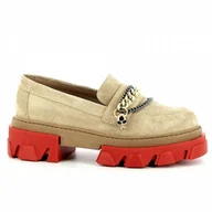 Mokasyny damskie - Beżowe mokasyny damskie na czerwonej podeszwie CARINII - Carinii - miniaturka - grafika 1