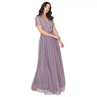 Sukienki - Maya Deluxe Maxi sukienka dla kobiet Damska Syrenka V-Neck Plus Rozmiar Ball Short Sleeves Long Elegant Empire Waist Sukienka dla Druhny Kobiety, Moody Lilac, 28 - grafika 1