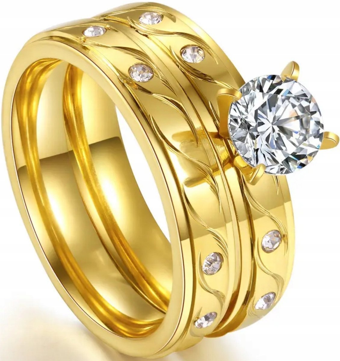 Zestaw 2 Pierścionków Złote z Brylantem Cyrkonie Obrączki Stal Szlachetna