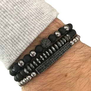 BRANSOLETKI MĘSKIE czarne ZESTAW koraliki BLASZKA - Bransoletki - miniaturka - grafika 1