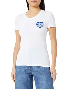 Love Moschino Damska koszulka z krótkim rękawem z haftem Love Storm z efektem dzianiny w kształcie serca, Biały, niebieski, 72 - Koszulki i topy damskie - miniaturka - grafika 1