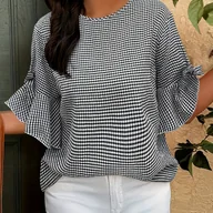 Koszule damskie - TEMU Kobieca Elegancka Jesienna Bluza w Kratę z Kokardką - Okrągły Dekolt, Długie Rękawy i Zapinana na Guziki, Czarno-Biała Wzór, Idealna do - miniaturka - grafika 1