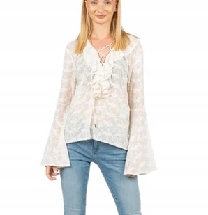 GUESS BIAŁA BLUZKA Z WIĄZANIEM FALBANAMI I DŁUGIM RĘKAWEM L GXA - Bluzki damskie - miniaturka - grafika 1