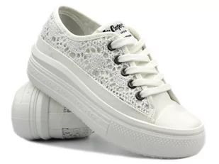 Koronkowe trampki damskie na platformie - Lee Cooper LCW-23-44-1617L, białe - Trampki damskie - miniaturka - grafika 1