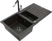 Zlewozmywaki z baterią - Mexen Matias zlewozmywak granitowy 1,5-komorowy z ociekaczem i baterią kuchenną Flora, czarny/złoty - 6502-75-670401-07-B - miniaturka - grafika 1