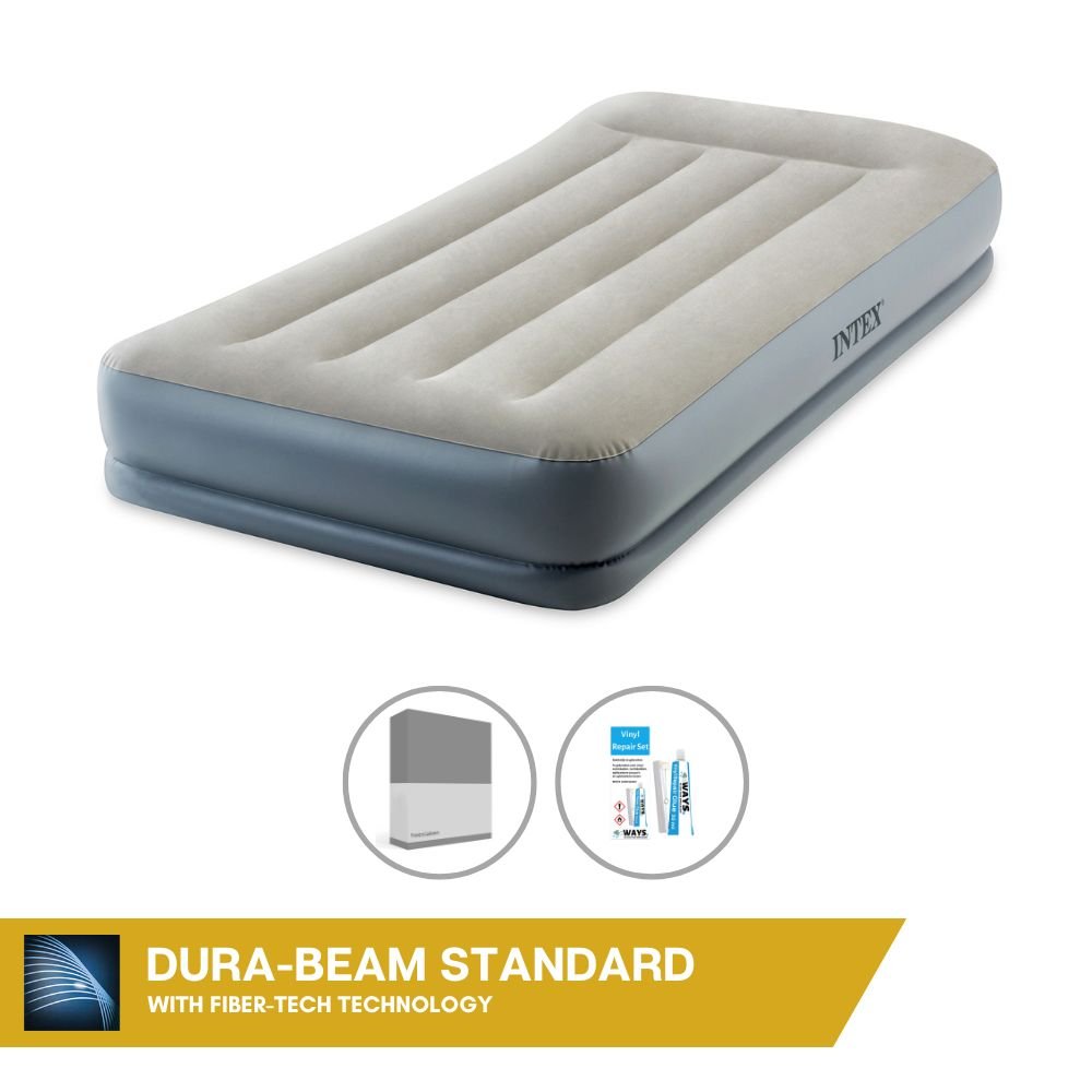 Łóżko dmuchane Intex - 1 osoba - 99 x 191 x 30 cm - Szare - Z wbudowaną pompką + prześcieradło antracytowe + zestaw naprawczy