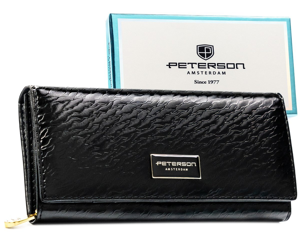 Duży portfel damski skórzany czarny PETERSON rfid pojemny elegancki na zatrzask