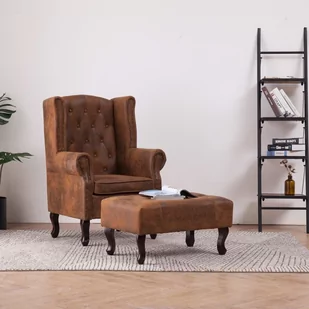 vidaXL Fotel Chesterfield z podnóżkiem, brązowy, sztuczny zamsz - Fotele - miniaturka - grafika 1
