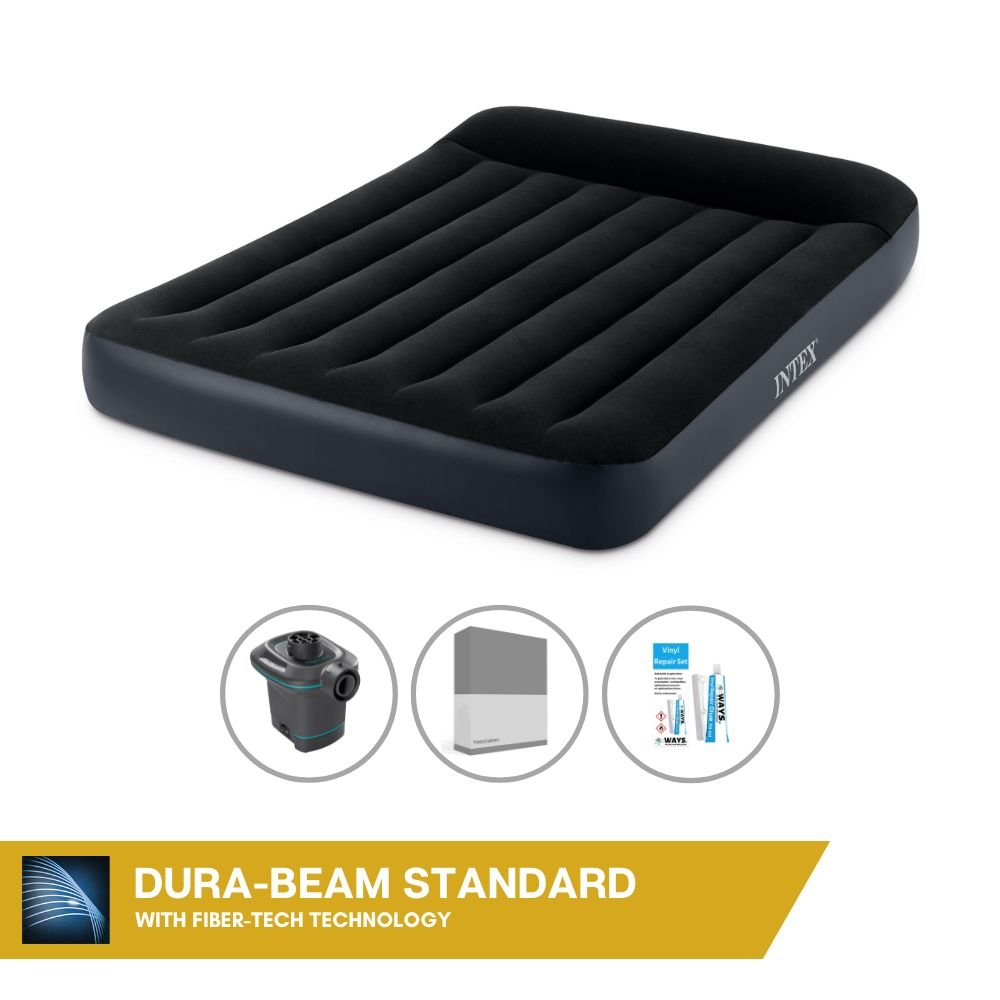 Łóżko dmuchane Intex - 2 osoby - 137 x 191 x 25 cm - czarne + pompka elektryczna Intex - 650 litrów/min + prześcieradło antracytowe + zestaw naprawczy