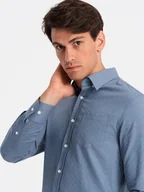 Koszule męskie - Męska koszula SLIM FIT z ozdobnej tkaniny z kieszonką niebieska V1 OM-SHCS-0174 - Ombre Clothing - miniaturka - grafika 1
