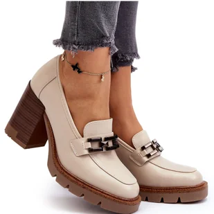 Vinceza Czółenka Na Masywnym Słupku Z Ozdobą Beżowe Oradna beżowy - Mokasyny damskie - miniaturka - grafika 1