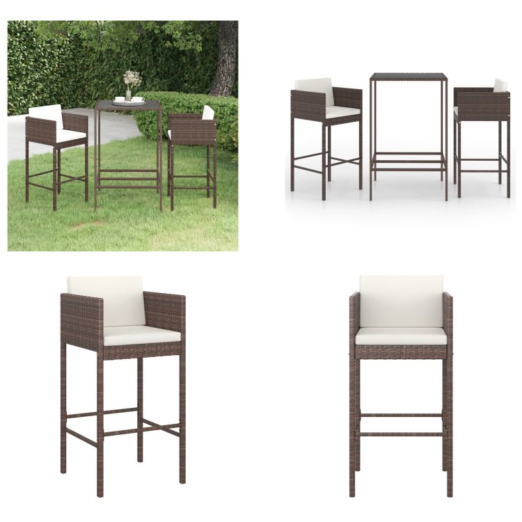 vidaXL 3-częściowy ogrodowy zestaw barowy z poduszkami z rattanu w kolorze brązowym - ogrodowy zestaw barowy - ogrodowy zestaw barowy - ogrodowy zestaw jadalny - ogrodowe zestawy jadalne
