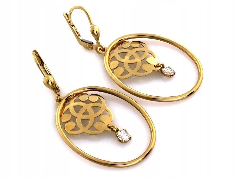 Eleganckie złote kolczyki 585 wiszące z ażurem i cyrkonią angielskie modne