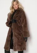 Płaszcze damskie - Brązowa Długa Kurtka Futro z Wiskozą i Wsuwanymi Kieszeniami Ninnelira - miniaturka - grafika 1