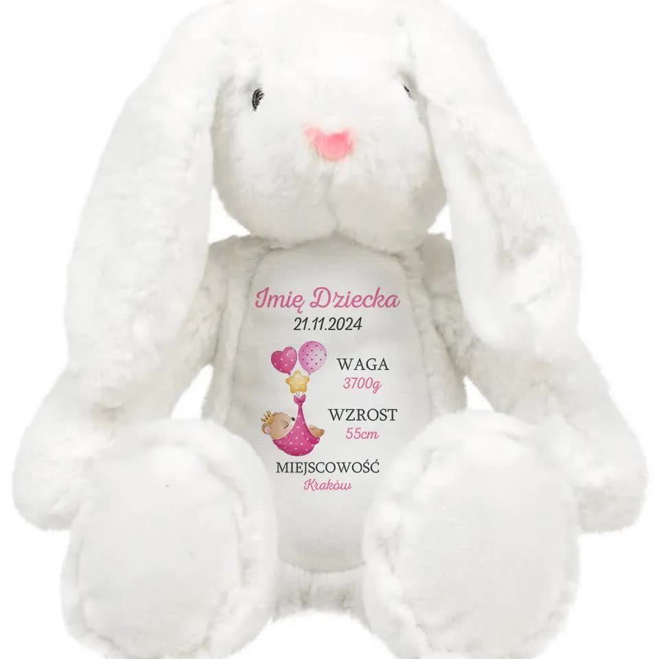 KRÓLICZEK PRZYTULANKA Dla Dziecka Personalizwoane MIEJSCOWOŚĆ Różowe Wzory