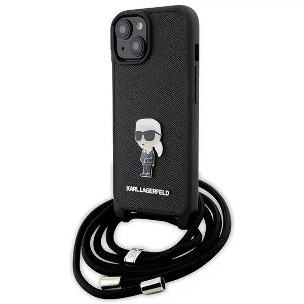 Karl Lagerfeld Etui iPhone 15 6.1 Crossbody Saffiano Monogram Metal Pin Czarny KLHCP15SSASKNPSK