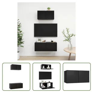 The Living Store 2-częściowa szafka pod telewizor z czarnego materiału drewnopochodnego - Szafki RTV - miniaturka - grafika 1