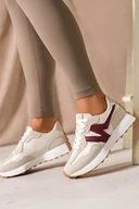 Sneakersy damskie - Beżowe sneakersy damskie na białej platformie bordowe wstawki sznurowane Casu LA295-40 - miniaturka - grafika 1
