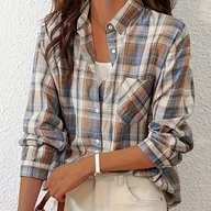 Koszule damskie - TEMU Elegancka damska koszula w kratę - klasyczna beżowo-brązowa koszula zapinana na guziki, można prać w pralce, odpowiednia na każdą porę roku, - miniaturka - grafika 1