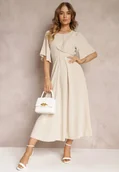 Sukienki - Beżowa Rozkloszowana Sukienka Maxi z Szerokim Rękawem i Gumką w Pasie Sador - miniaturka - grafika 1