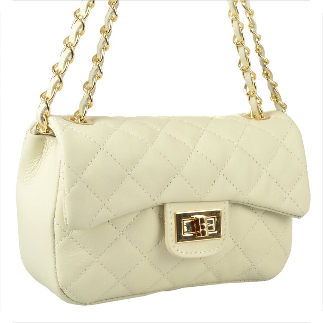 VERA PELLE Śliczna pikowana torebka wizytowa jasny beż skóra nat.