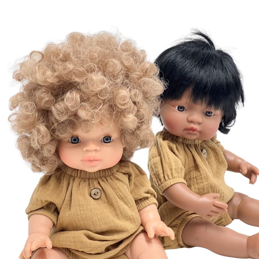 Kombinezon dla Miniland 38, Minikane 34, Paola Reina 34 cm, muślinowy, toffee