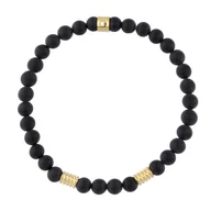 Bransolety męskie - Bransoletka męska czarne matowe kulki onyksu i złote charmsy stal szlachetna. - miniaturka - grafika 1