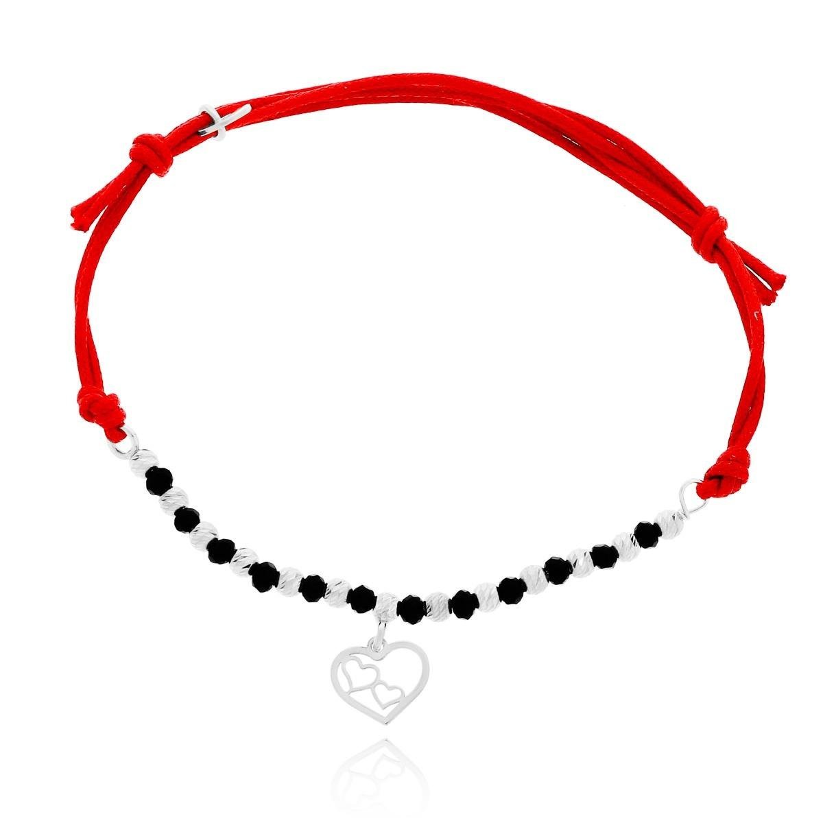 Bransoletka czerwony sznurek serduszka w sercu, kulki srebro pr. 925