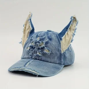Czapka Z Daszkiem KOCIE LISIE USZY jeansowa denim y2k grunge punk 54-58 cm - Czapki i chusty sportowe męskie - miniaturka - grafika 1
