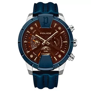 Paski - Police Męski analogowy zegarek kwarcowy ze skórzanym paskiem PEWJF2203740, Srebrno-niebiesko-brązowy, Pasek - grafika 1
