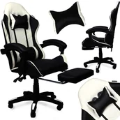 Fotele gamingowe - Fotel gamingowy krzesło obrotowe z podnóżkiem ekoskóra czarno-biały - miniaturka - grafika 1
