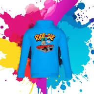 Bluzy dla dziewczynek - Bluza dziecięca typu kangurka z kapturem w kolorze błękitnym z nadrukiem Ride or Die 4 lata - miniaturka - grafika 1