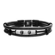 Bransolety męskie - Srebrne i szare koraliki na rzemieniach rockowa bransoletka męska ze stali - Manoki - miniaturka - grafika 1