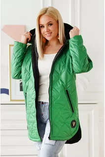 Kurtki damskie - Długa zielona wiosenna kurtka pikowana z kapturem - Edwige - XL-ka - grafika 1