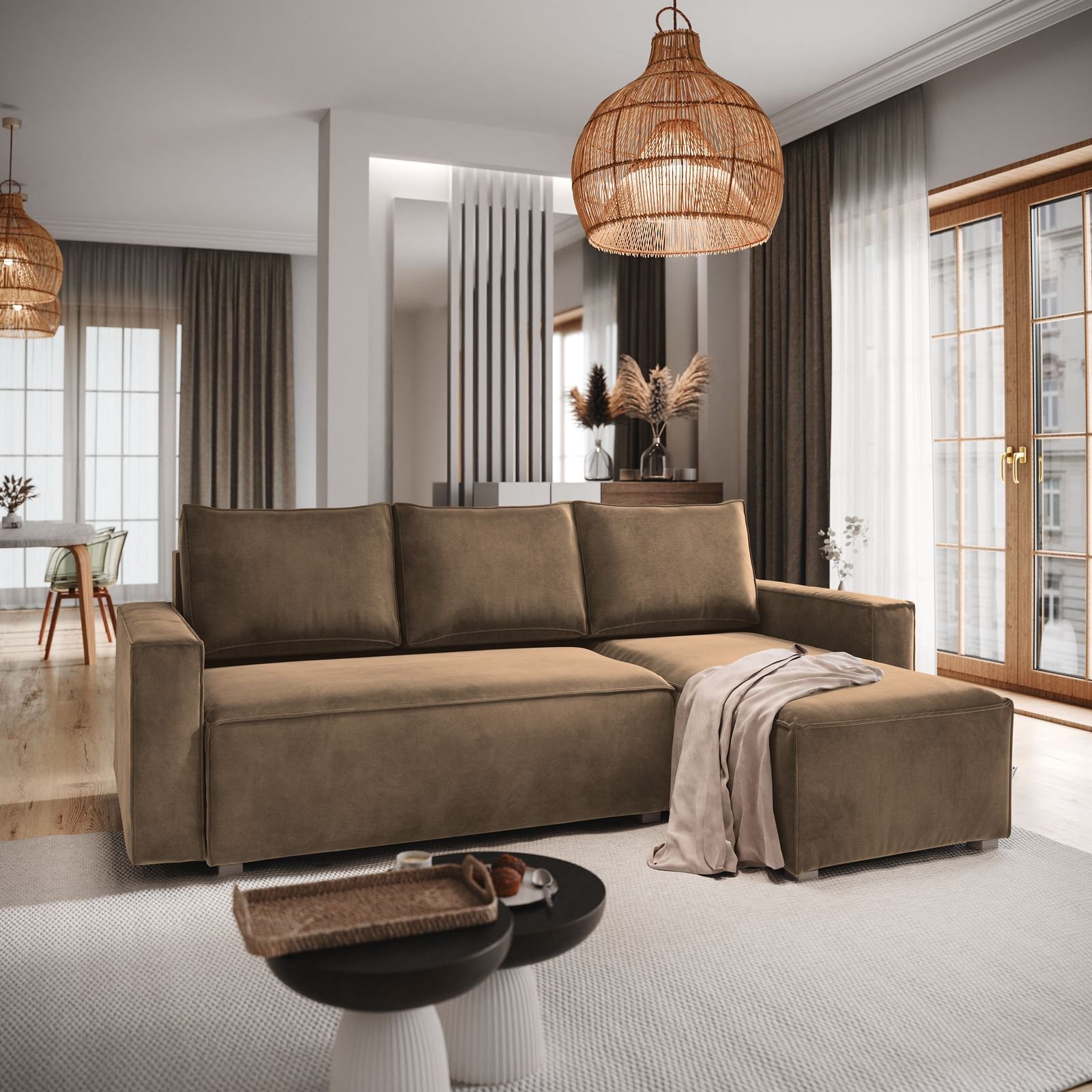 Masseno Narożnik SILES z funkcją spania i pojemnikiem na pościel Kształt L, Rozkładana sofa, Rogówka - Beżowy, MONOLITH 09