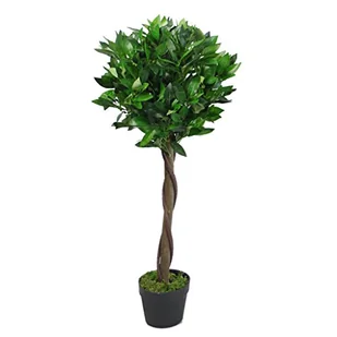 Liść sztuczny łodyga topiary drzewo laurowe styl w czarnym plastikowym garnku, zielony skręt, 90 cm (3 stóp) - Sztuczne drzewka - miniaturka - grafika 1