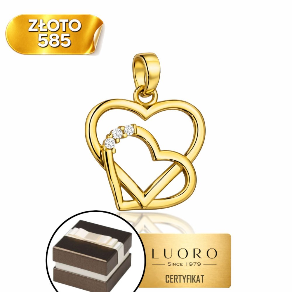 ZAWIESZKA ZŁOTA 585 14K SPLOT SPLICONE SERCA Z CYRKONIAMI 1,8 CM ELEGANCKA