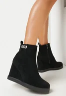 Botki damskie - Czarne Botki na Koturnie z Ozdobną Klamerką z Cyrkoniami Atuna - miniaturka - grafika 1