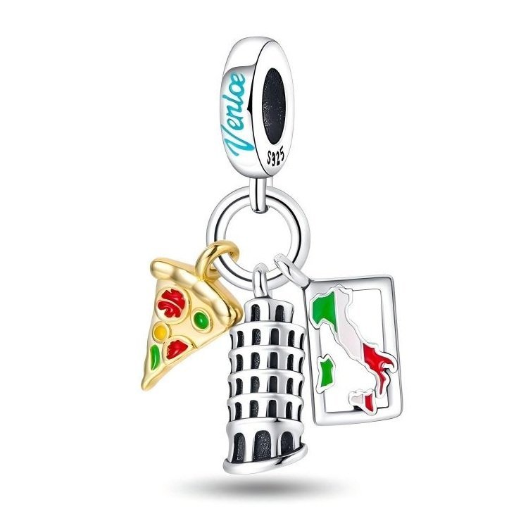 Zawieszka Charms SREBRO 925 Koralik Mapa Włochy Pizza Krzywa Wieża w Pizie Wenecja