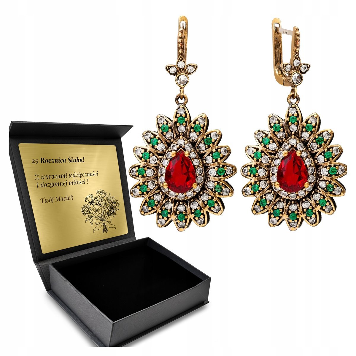 Kolczyki Srebrne 925 Cyrkonie Granat Biżuteria Dla Kobiety + Grawer