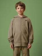 Bluzy dla chłopców - 4F Bluza dresowa loose z kapturem chłopięca - beżowa 134/140 (8-10 lat) - miniaturka - grafika 1