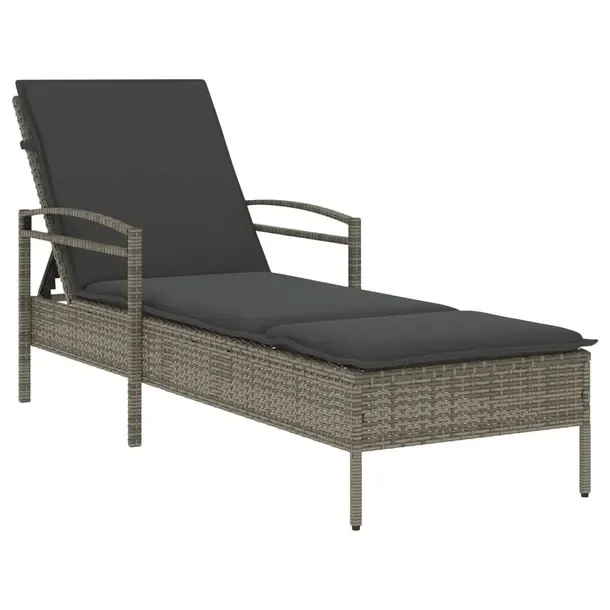 Leżak ogrodowy szary z poduszką, rattan PE, wymiary 63 x 200 x 62/72/81 c