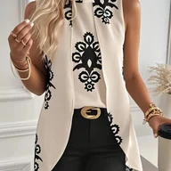 Koszule damskie - TEMU Modna, swobodna, bez rękawów, dwuczęściowa, drukowana, nieregularna, długa koszula dla kobiet. - miniaturka - grafika 1