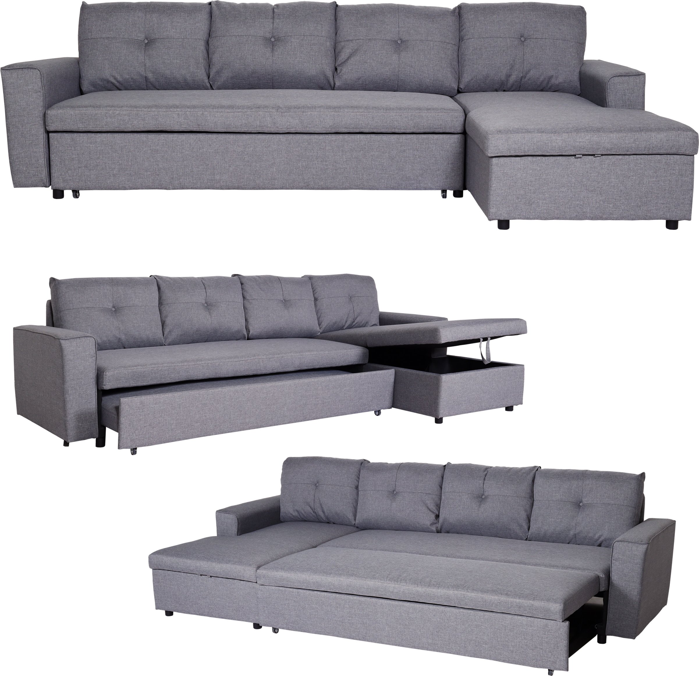 Narożnik z pojemnikiem na pościel HWC-L16, sofa w kształcie litery L, rozkładana powierzchnia lewa/prawa nosag zawieszenie tkanina/tekstylia 290cm ~ szary