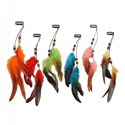 Przedłużki do włosów z piórami boho kolorowe 6 sztuk dekoracja na imprezę