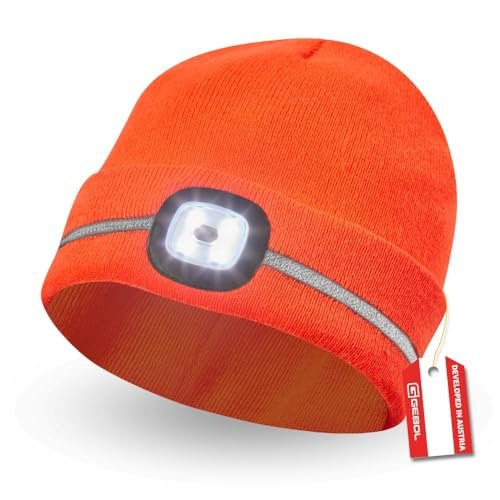 Gebol Czapka LED w kolorze pomarańczowym, czapka z dzianiny, czapka beanie z paskami odblaskowymi, port USB do ładowania, 60 minut, czas świecenia, 4 poziomy światła, unisex, pomarańczowa, 1 sztuka